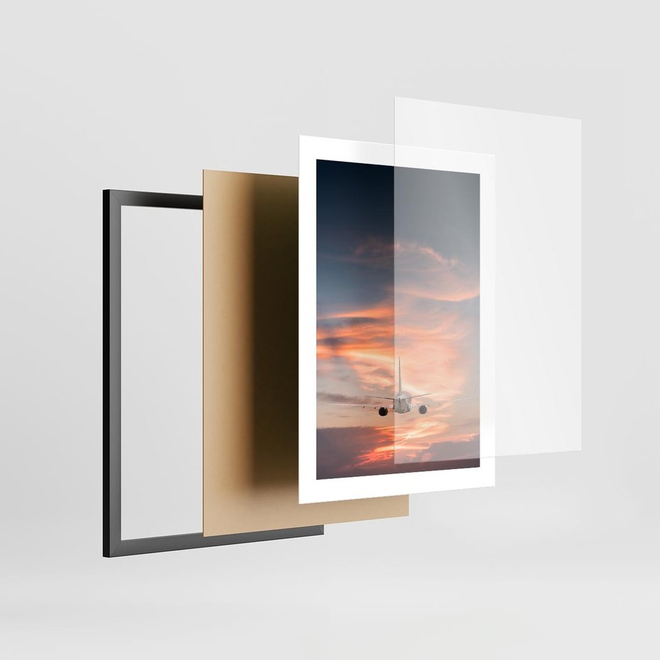 Plakat w ramie 30x40 - Podróż w Kierunku Słońca - samolot, samolot w powietrzu - rama czarna