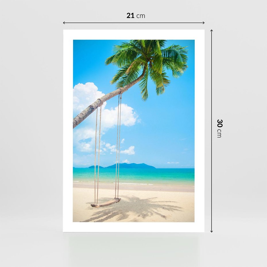 Plakat bez ramy 21x30 - Hawajska palma i huśtawka na plaży - palma, huśtawka