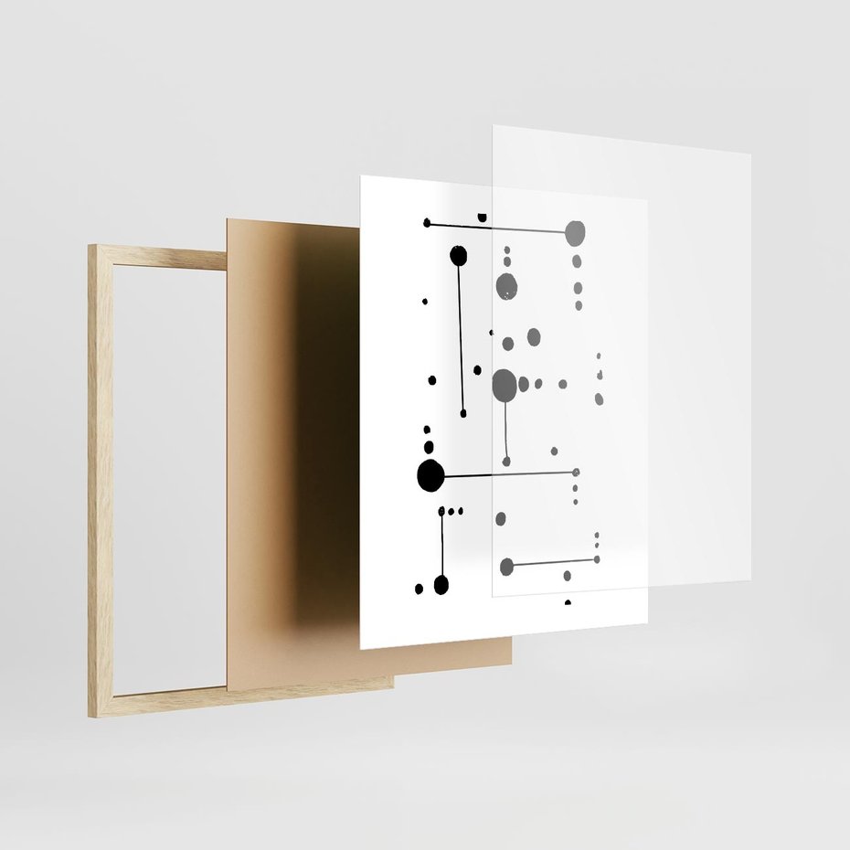 Plakat w ramie 40x50 - Nocne Zawirowania - abstrakcyjny plakat, czarne kropki i kreski - rama drewno