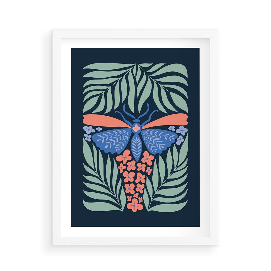 Plakat w ramie 50x70 - Granatowa Noc - granatowe tło, abstrajcyjna ćma - rama biała