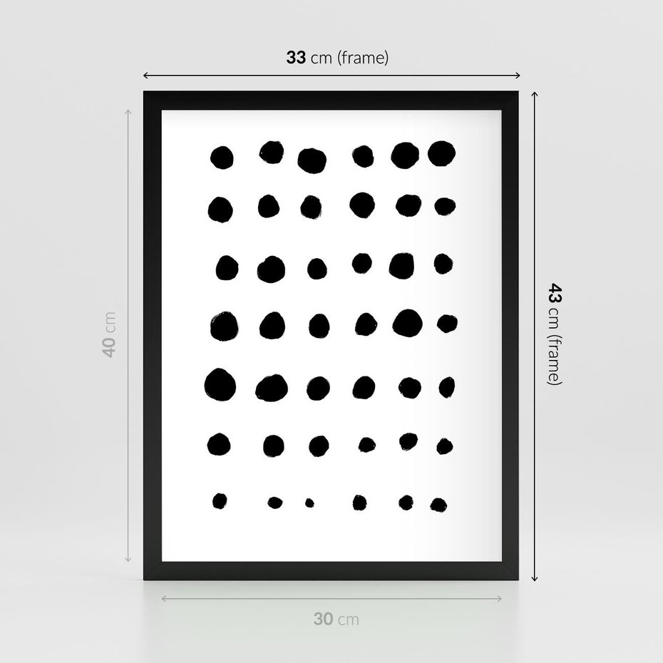 Plakat w ramie 30x40 - Migocące Anomalie - abstrakcyjna kompozycja z czarnych kropek, minimalistyczny czarno bialy plakat - rama czarna