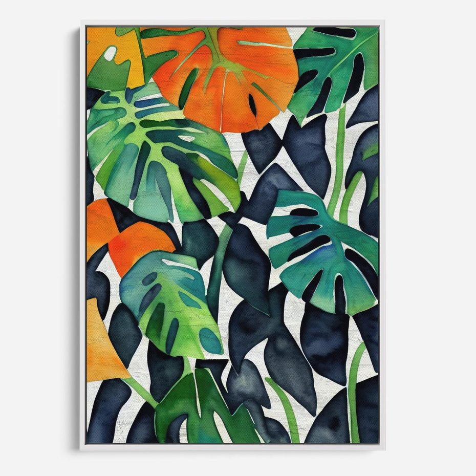 Obraz w ramie 50x70 - Tropikalne Pragnienia - akwarela, liście tropikalne - rama biała