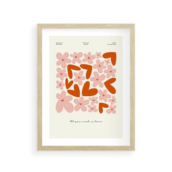 Plakat w ramie 40x50 - Miłość w Kompozycji - grafika, kompozycja kwiaty i serca - rama drewno
