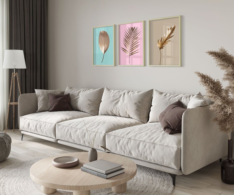 Zestaw obrazy w ramie 30x40 galeria - Złote, liście, palma, pastelowe, gold - rama drewno