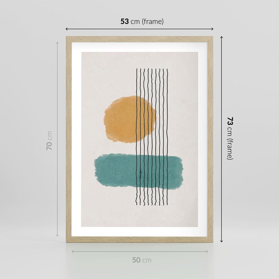 Plakat w ramie 50x70 - Wibracje Barw - abstrakcyjne akwarelowe plamy, nieregularne kreski - rama drewno
