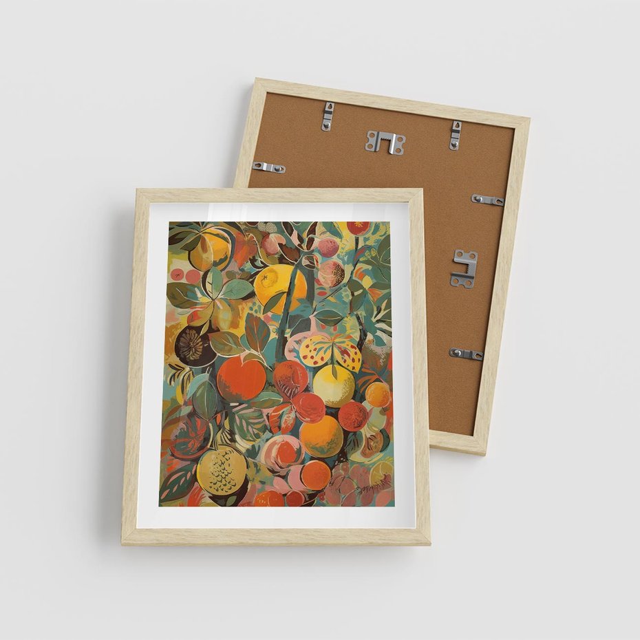 Plakat w ramie 40x50 - Księga Surrealnych Wyobrażeń - abstrakcyjny obraz owoców, jak picasso - rama drewno