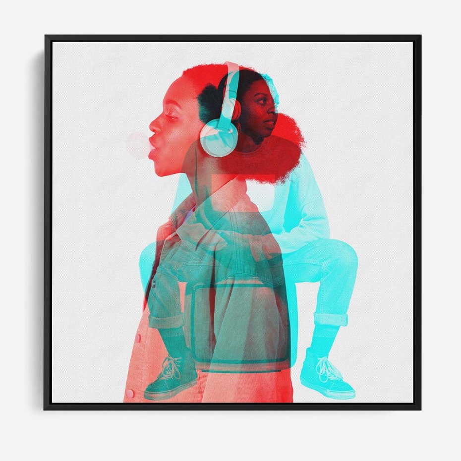 Obraz w ramie 50x50 - Rytmy Wspomnień - kolaż zdjęć, kobieta - rama czarna