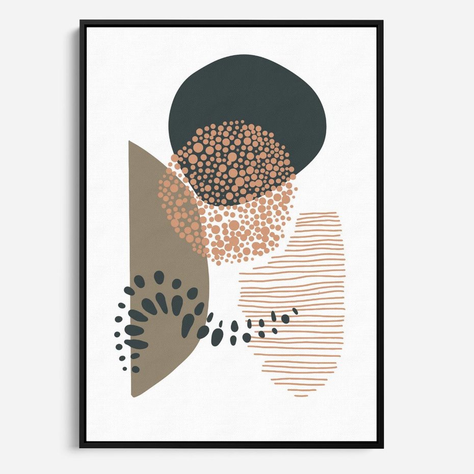 Obraz w ramie 70x100 - Harmonia Akwarelowych Przestrzeni - abstrakcyjna kompozycja z kropek kresek i kółek, odcienie brązu i beżu - rama czarna