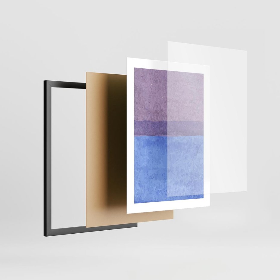 Plakat w ramie 30x40 - Taniec Światła - kolorowe akwarelowe pasy, odcienie fiolet - rama czarna