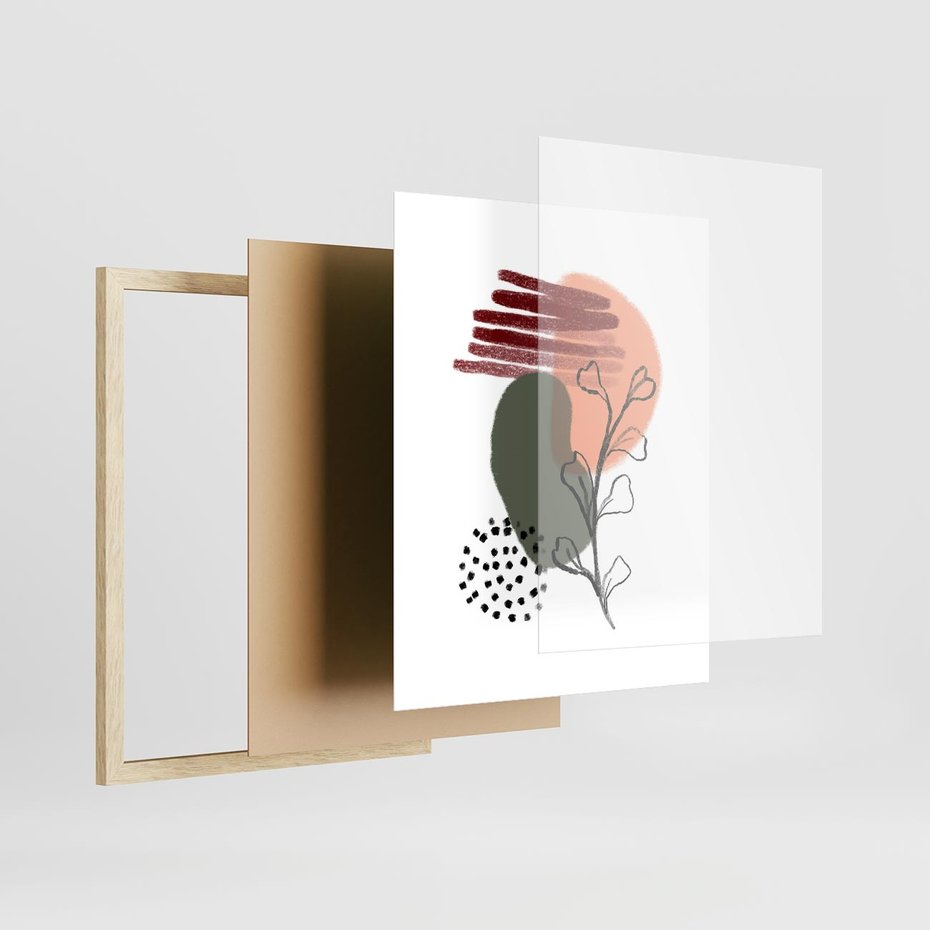 Plakat w ramie 40x50 - Przenikające Widzenia - abstrakcyjna sztuka, liście - rama drewno