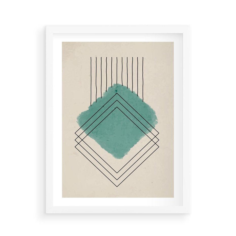 Plakat w ramie 50x70 - Impresje Przestrzeni - akwarelowa plama, geometryczne szkicowane kształty - rama biała