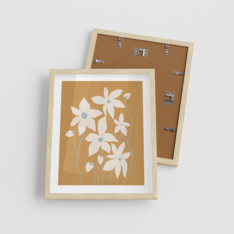 Plakat w ramie 40x50 - Kwiatowy Spektakl - minimalistyczne kwiaty, na pomarańczowym tle - rama drewno