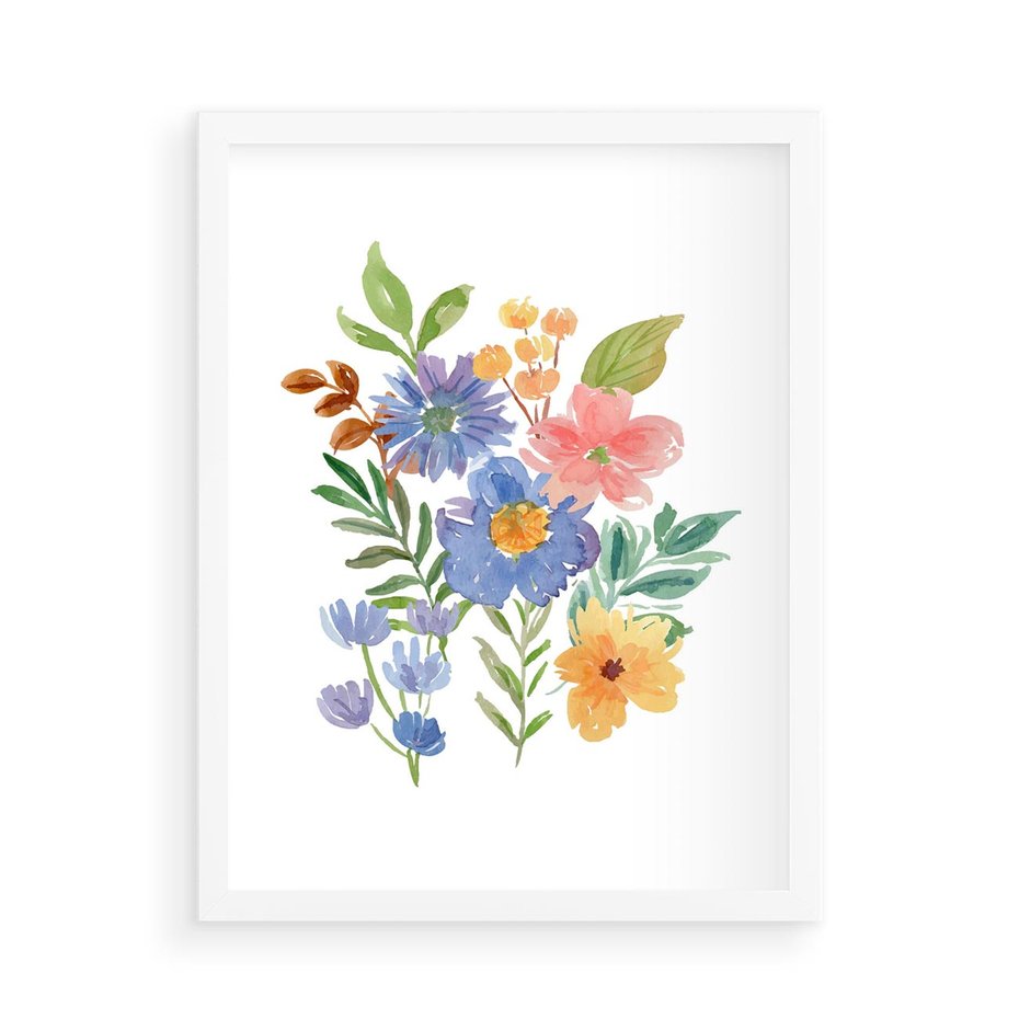 Plakat w ramie 50x70 - Kwiatowe Opowieści - akwarelowe polne kwiaty, minimalistyczna sztuka - rama biała
