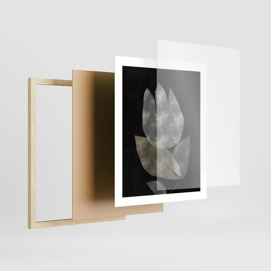 Plakat w ramie 40x50 - Nocne Uniesienia - abstrakcyjny kwiat, mroczna atmosfera - rama drewno