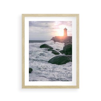 Plakat w ramie 50x70 - Latarnia, Zachód Słońca i Fale - latarnia na klifie, zachód słońca - rama drewno