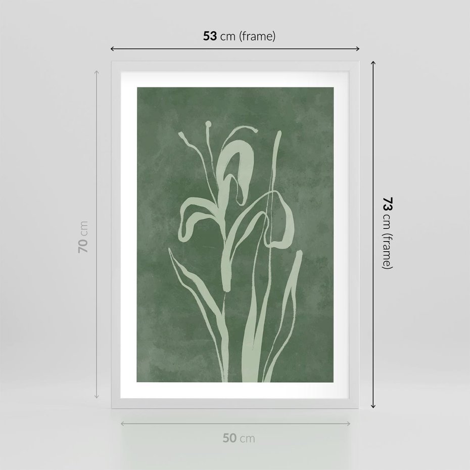 Plakat w ramie 50x70 - Zielony Oddech - zielona abstrakcja, zgaszona zieleń - rama biała