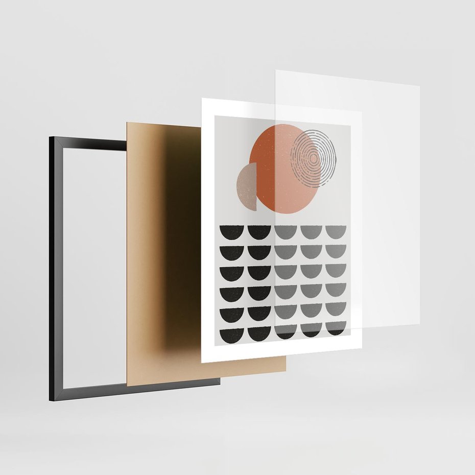 Plakat w ramie 40x50 - Geometryczna Ekspresja - geometryczny graficzny obraz, pomarańczowe koło - rama czarna