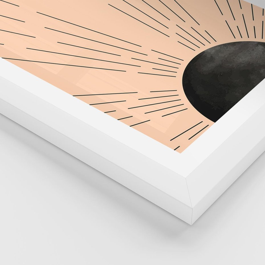 Plakat w ramie 30x40 - Migocące Kształty Promieni - boho czarne słońce, nowoczesna grafika - rama biała