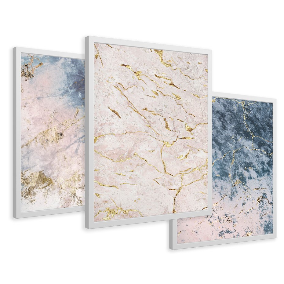Zestaw obrazy w ramie 50x70 galeria - Marmur, złoto, błękit, turkus - rama biała