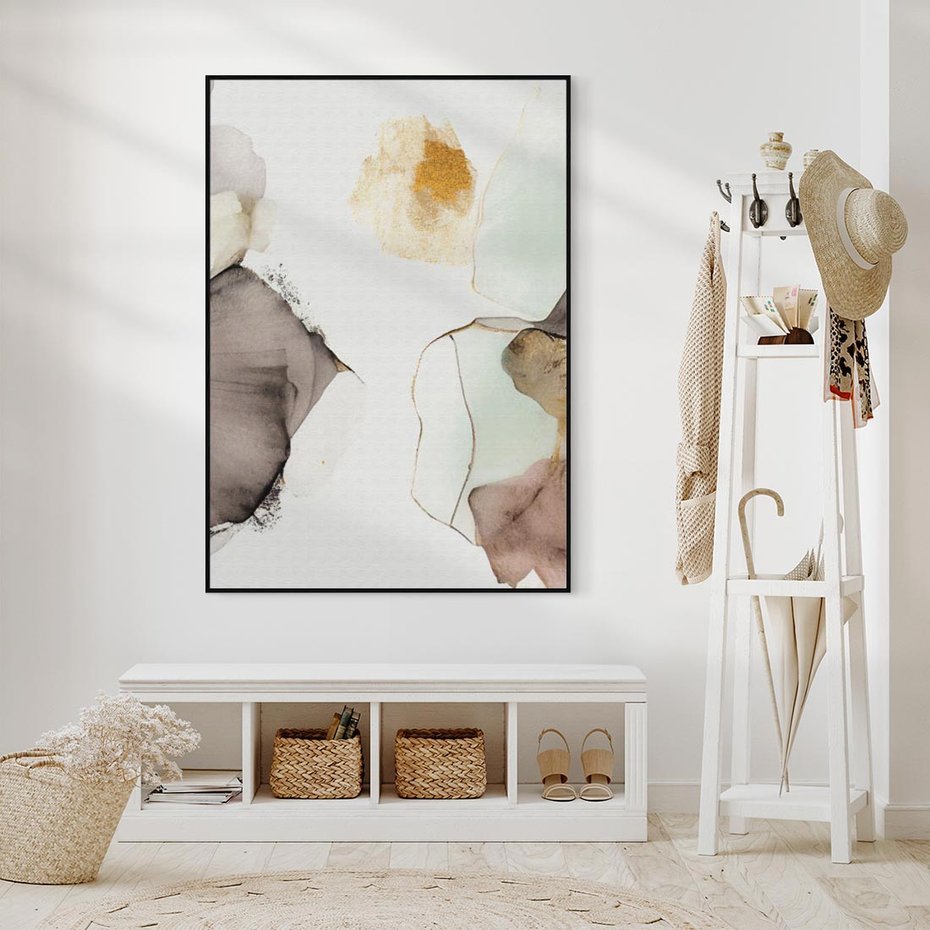 Obraz w ramie 70x100 - Nowoczesne Elegancje - akwarela, złote linie i plamy - rama czarna