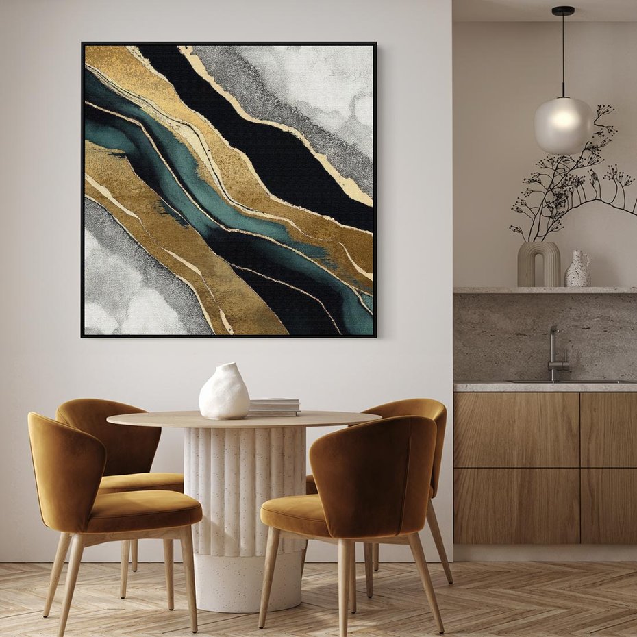 Obraz w ramie 50x50 - Refrakcje płynącej rzeczywistości - jak marmurowa rzeka, linie złota - rama czarna