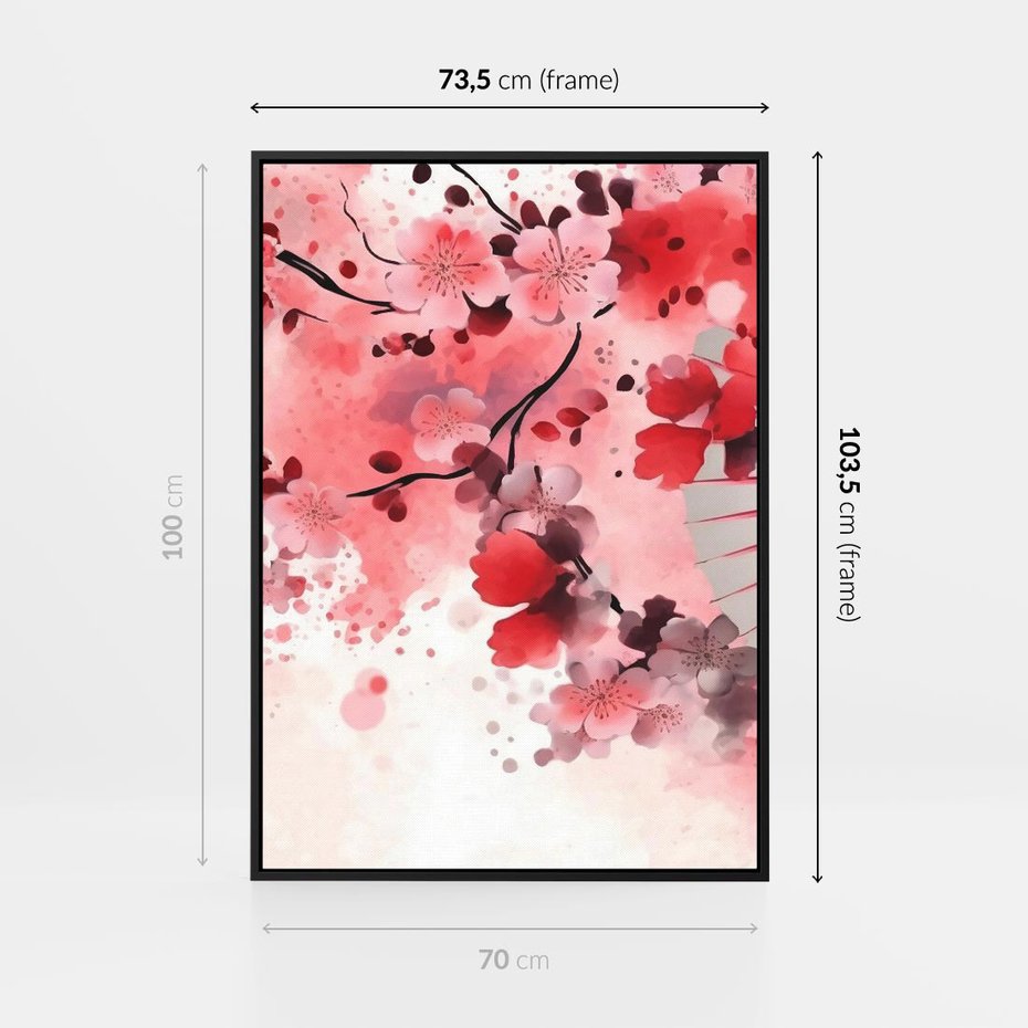 Obraz w ramie 70x100 - Szept Kwitnącej Wiśni - japoński parasol, liście - rama czarna