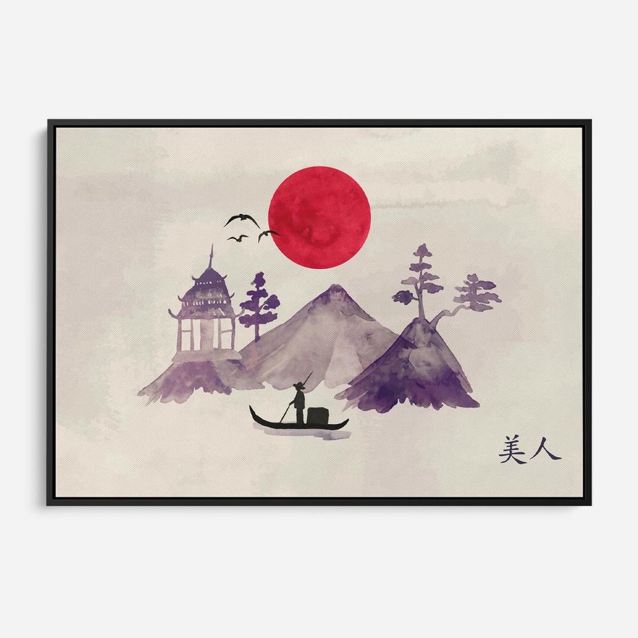 Obraz w ramie 70x50 - Odbicie Słońca - japońska sztuka, akwarela - rama czarna