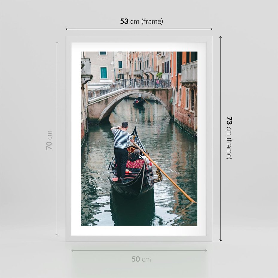 Plakat w ramie 50x70 - Kanały Wenecji - gondola, Wenecja - rama biała