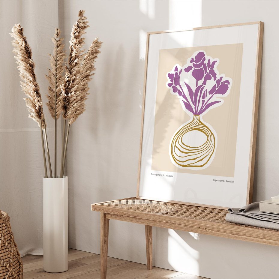 Plakat w ramie 30x40 - Migocące Anomalie - abstrakcyjne liście, kwiaty tropikalne w wazonie - rama drewno