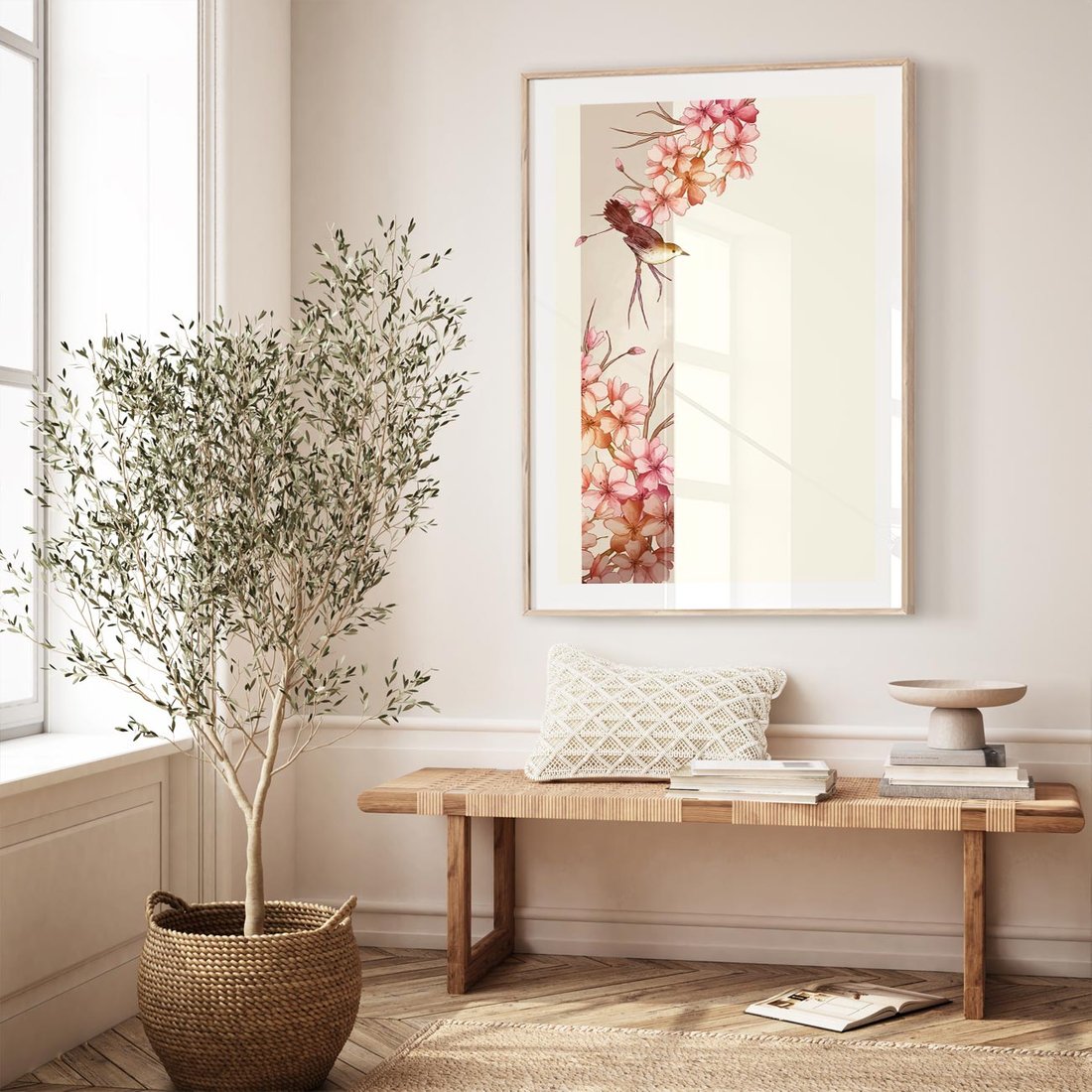 Plakat w ramie 40x50 - Rozkwitające Marzenia - japońska sztuka, ptak - rama drewno