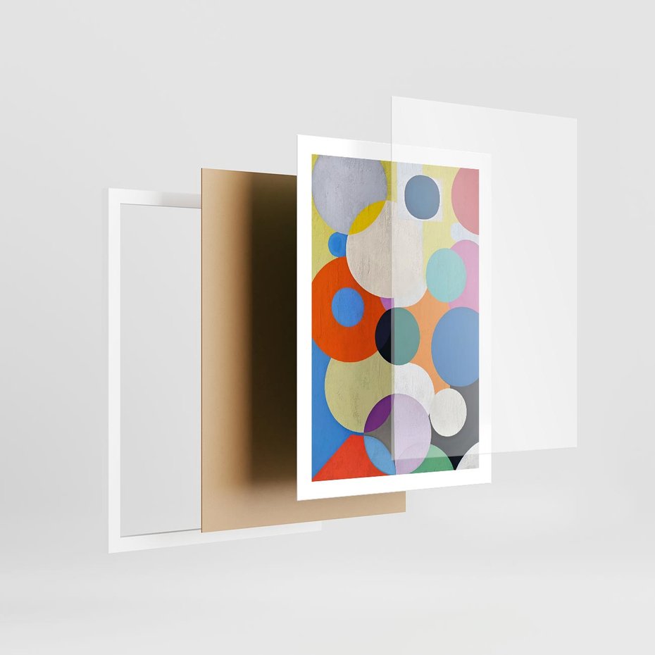 Plakat w ramie 50x70 - Tajemnicze Odbicia Czasu - abstrakcyjne geometryczne kształty, olejny obraz - rama biała