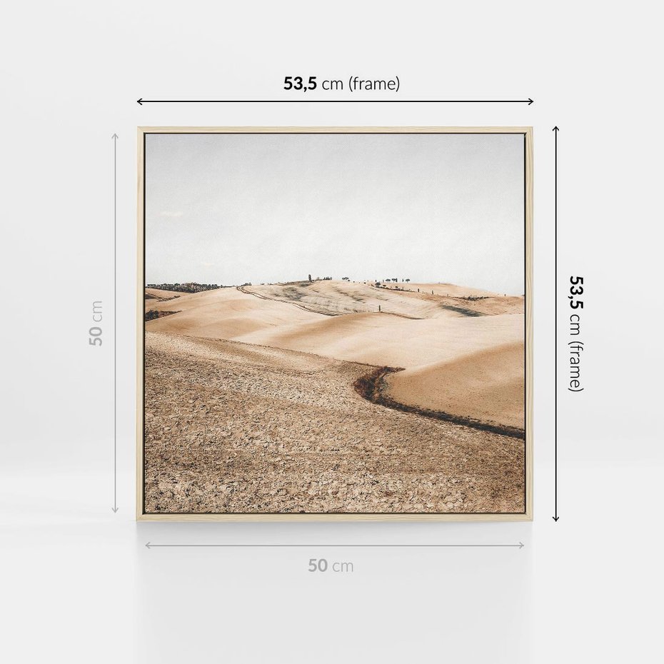 Obraz w ramie 50x50 - Refleksyjny taniec myśli - pustynny krajobraz, odcienie sepii - rama drewno