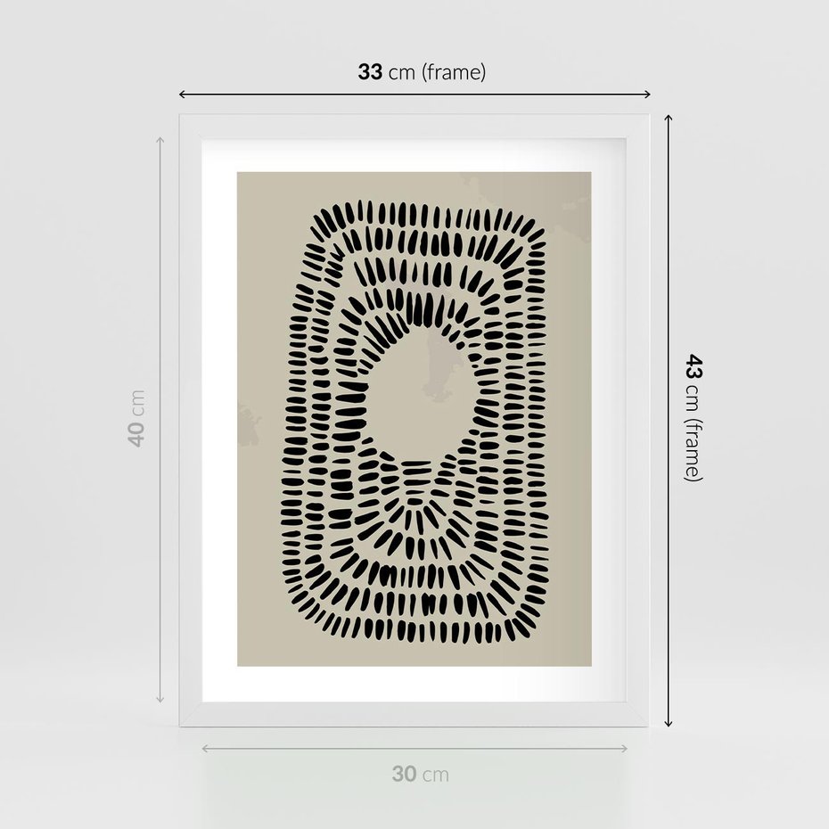 Plakat w ramie 30x40 - Zaklęte Wnętrza - boho plakat, czarne kropki kreski - rama biała