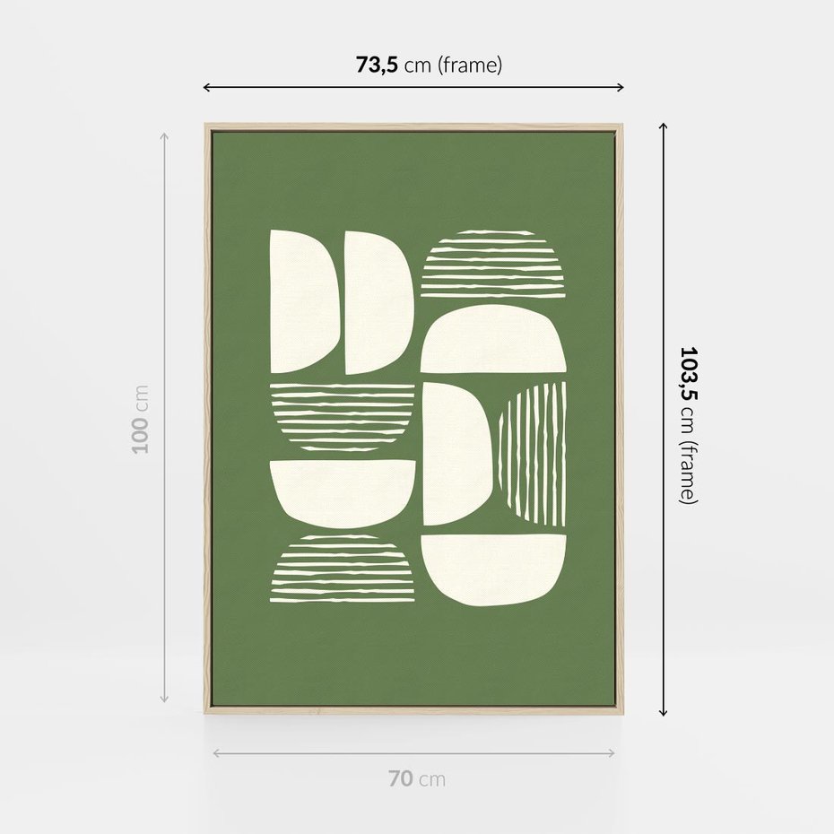 Obraz w ramie 70x100 - Migotliwe Formy - geometryczne boho kształty na brązowym, oliwkowym tle - rama drewno