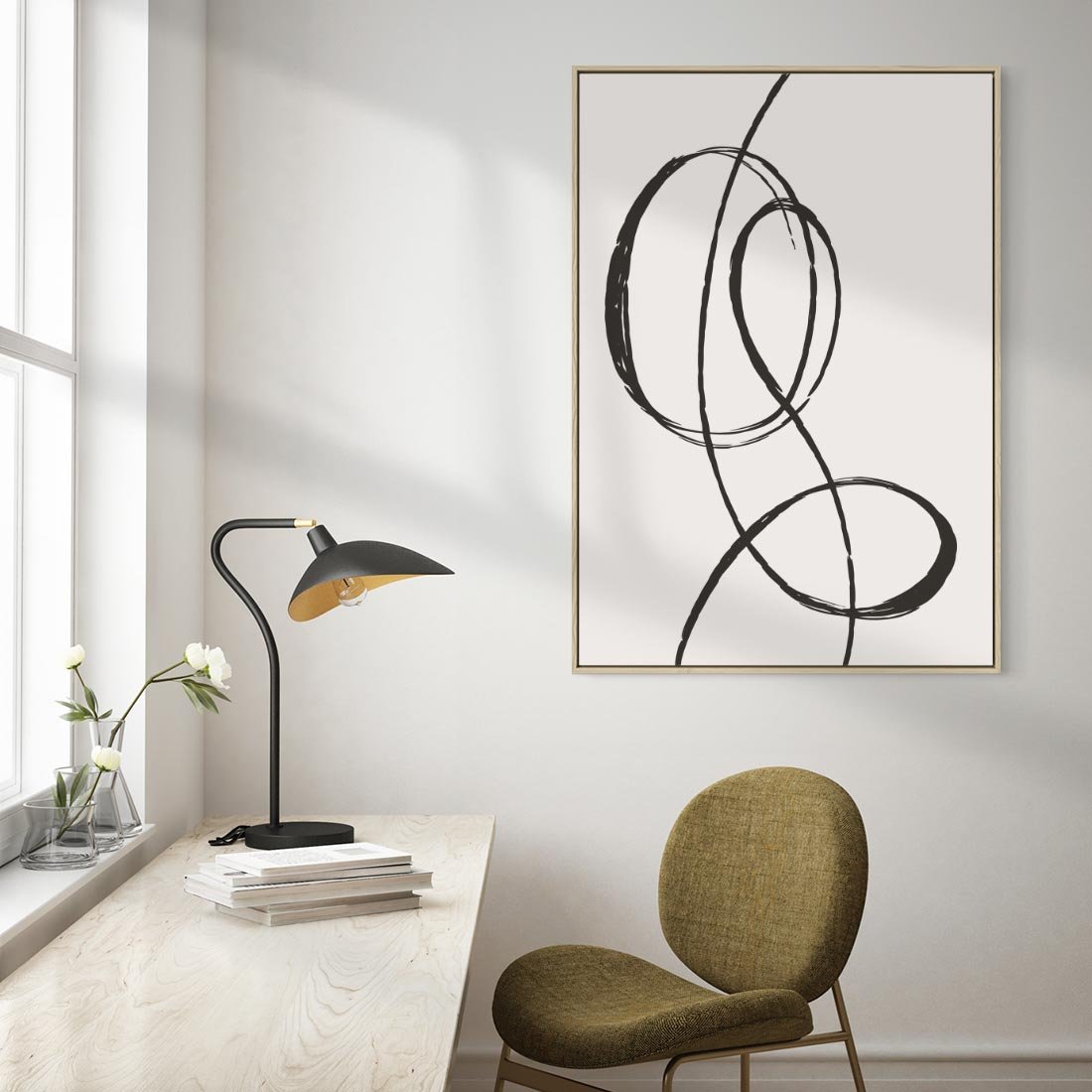 Obraz w ramie 50x70 - Zaklęte Linie - abstrakcyjne szkicowane linie, minimalizm - rama drewno