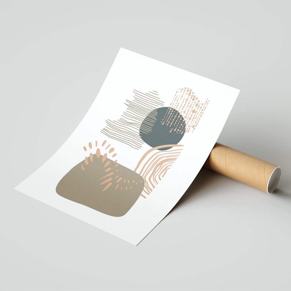 Plakat bez ramy 30x40 - Taniec Plam - abstrakcyjna kompozycja z kropek kresek i kółek, odcienie brązu i beżu