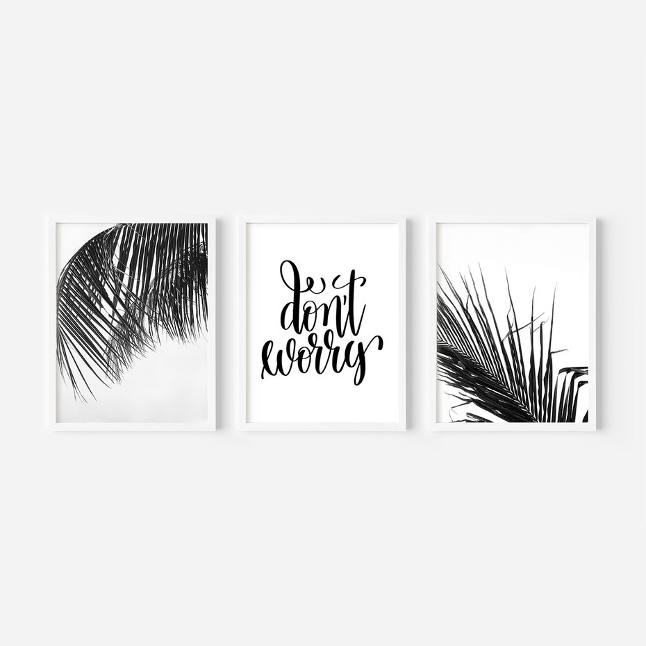Zestaw obrazy w ramie 30x40 galeria - Palmy, liście, cytat, napis - rama biała