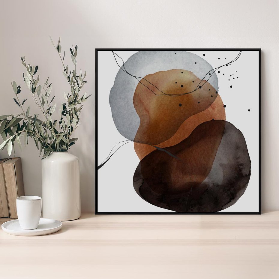 Obraz w ramie 50x50 - Kolorowe Wizje - abstrakcyjne plamy akwarelowe, czarny szkic - rama czarna