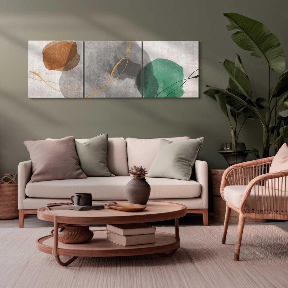 Obraz na płótnie 150x50 - Delikatne Plamy - akwarelowe plamy, złote linie