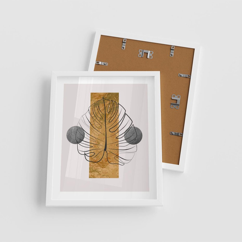 Plakat w ramie 40x50 - Minimalistyczna Monstera: Złoty Prostokąt - liść monstery, minimalizm - rama biała