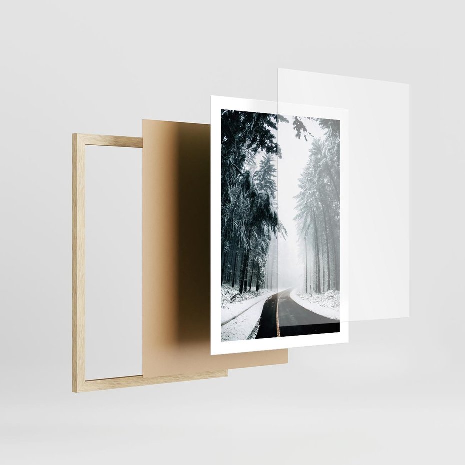 Plakat w ramie 50x70 - Droga przez Zimowy Las - drzewa, śnieg - rama drewno