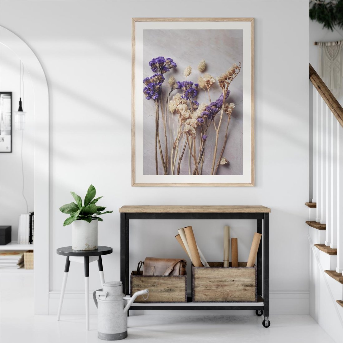 Plakat w ramie 50x70 - Błękitno-Biała Harmonia - suszone kwiaty, błekitne - rama drewno