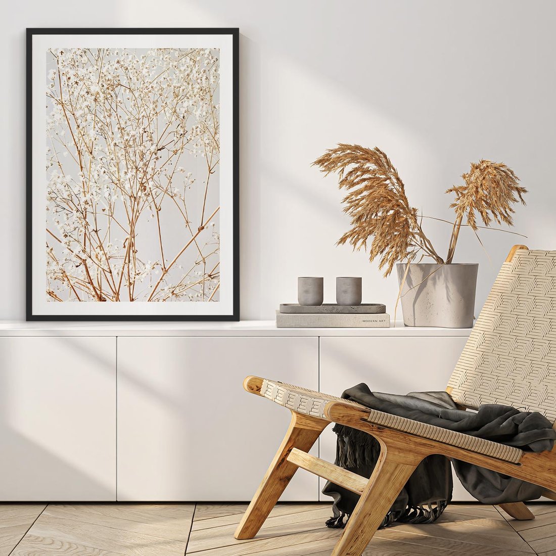 Plakat w ramie 50x70 - Minimalistyczna Delikatność - białe kwiaty, gipsówka - rama czarna
