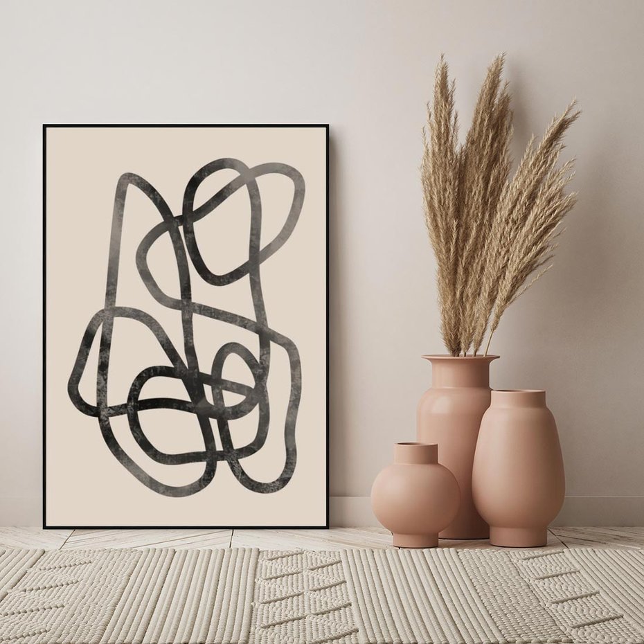 Obraz w ramie 50x70 - Przenikanie Wirtualnych Wymiarów - zaplątane minimalistyczne linie, na bezowym tle - rama czarna