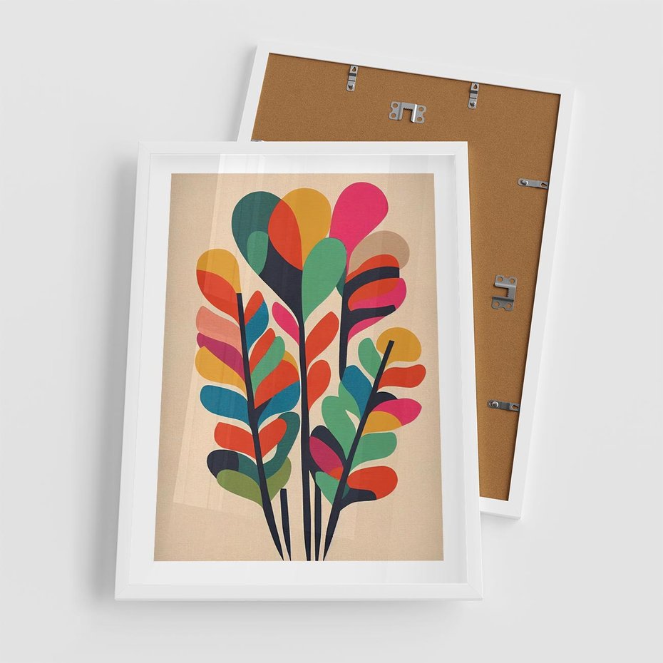 Plakat w ramie 50x70 - Symfonia Wzrokowych Impresji - abstrakcyjny kolorowy tęczowy obraz, inspiracje roślinne - rama biała