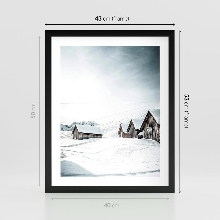Plakat w ramie 40x50 - Zima w Domkach: Urok Śnieżnej Scenerii - domki w śnieżnym krajobrazie - rama czarna