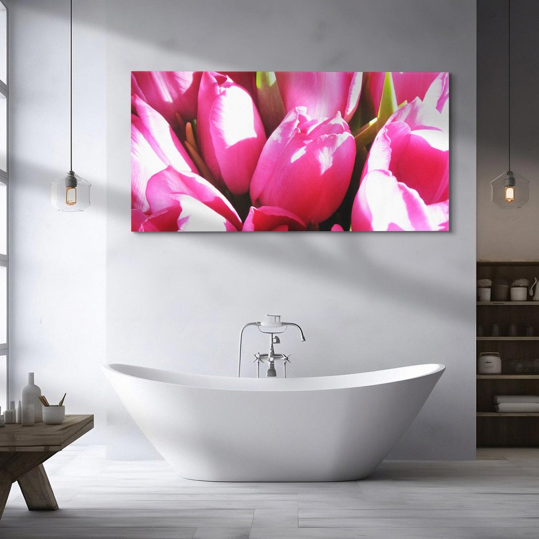 Obraz na płótnie 140x70 - Tulipany w pejzażu - tulipany, kwiaty