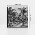 Obraz w ramie 50x50 - Mroczna Ścieżka Tropików - czarno biała fotografia, ścieżka pośród palm - rama czarna