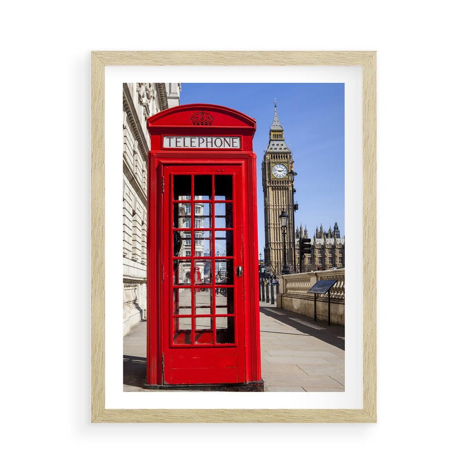 Plakat w ramie 50x70 - Ikoniczna budka telefoniczna w Londynie - budka, telefoniczna - rama drewno