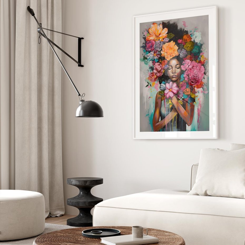 Plakat w ramie 30x40 - Z Głową w Kwiatach - obraz olejny, sztuka nowoczesna - rama biała